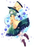  1girl :d arm_up blue_rose blush boots floral_print flower frilled_skirt frilled_sleeves frills full_body green_eyes green_hair green_skirt hat hat_ribbon heart heart_of_string highres komeiji_koishi long_hair long_skirt long_sleeves looking_at_viewer looking_back open_mouth ribbon rose shirt skirt smile solo third_eye touhou wide_sleeves yellow_shirt yuya_(night_lily) 