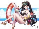  1girl artist_name bangs bare_legs bikini black_bikini blunt_bangs blush bowl breasts cleavage closed_mouth eyebrows_visible_through_hair fan food full_body girls_frontline hair_bun hand_up holding holding_bowl holding_food horns ice_cream innertube kong_(ksw2801) large_breasts long_hair looking_at_viewer ouroboros_(girls_frontline) paper_fan red_eyes sandals side-tie_bikini side_bun signature sitting solo sundae sunglasses sunglasses_on_head swimsuit thighs tongue tongue_out tsurime twintails uchiwa very_long_hair 