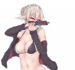  1girl artoria_pendragon_(all) artoria_pendragon_(swimsuit_rider_alter)_(fate) bangs bikini black_bikini braid breasts cleavage eyebrows_visible_through_hair fate/grand_order fate_(series) finger_on_trigger firing glowing glowing_eyes gun hair_between_eyes handgun holding holding_gun holding_weapon hood hoodie large_breasts maid_bikini maid_headdress navel navel_piercing nikuku_(kazedesune) open_clothes open_hoodie orange_eyes piercing pistol saber_alter sidelocks simple_background solo swimsuit tattoo upper_body weapon white_background 