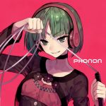  &gt;:) 1girl character_name choker cropped_jacket eyebrows_visible_through_hair green_eyes green_hair headphones parted_lips phonon_(under_night_in-birth) pink_background short_hair solo suzunashi under_night_in-birth upper_body whip 