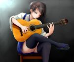  10s 1girl acoustic_guitar black_legwear brown_eyes brown_hair chair closed_mouth commentary_request guitar instrument japanese_clothes kaga_(kantai_collection) kantai_collection music playing_instrument sandals short_hair sitting solo thigh-highs yakuto007 