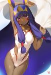  1girl animal_ears arm_up armpits artist_name bed_sheet blush breasts closed_mouth covered_navel cowboy_shot earrings eyebrows_visible_through_hair fate/grand_order fate_(series) hair_tubes hairband highres hoop_earrings jewelry long_hair looking_at_viewer medium_breasts necklace nitocris_(swimsuit_assassin)_(fate) one-piece_swimsuit purple_hair sheet_grab sidelocks smile solo swimsuit very_long_hair violet_eyes white_swimsuit wristband yang-do 
