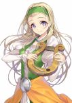  1girl blonde_hair blue_eyes detached_sleeves dragon_quest dragon_quest_xi dress earrings gan_(shanimuni) hairband harp holding instrument jewelry juliet_sleeves long_sleeves necklace pearl_necklace puffy_sleeves senya_(dragon_quest_xi) simple_background solo upper_body white_background 
