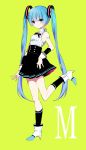 1girl blue_eyes blue_hair from_side full_body hatsune_miku high_heels highres long_hair nail_polish skirt socks solo standing standing_on_one_leg sulfur_(1453rk) twintails very_long_hair vocaloid yellow_background 