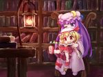  2girls bare_arms blonde_hair book bookshelf bow chair crescent crescent_hair_ornament fang fire flandre_scarlet hair_ornament hat highres indoors isu_(is88) lantern library mob_cap multiple_girls one_eye_closed open_mouth patchouli_knowledge purple_hair reading red_bow red_eyes red_shoes red_skirt shoes sitting sitting_on_lap sitting_on_person skirt skirt_set smile socks touhou vest violet_eyes white_legwear wide_sleeves 