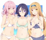  3girls black_hair blue_eyes blush breasts character_request heart heart-shaped_pupils heterochromia large_breasts long_hair looking_at_viewer medium_breasts mirei-san_(suterii) multiple_girls navel nishi_minami open_mouth original pink_eyes pink_hair sarong short_hair suterii symbol-shaped_pupils violet_eyes yellow_eyes 
