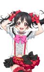  1girl \m/ artist_request bangs black_hair blush bokura_wa_ima_no_naka_de bow checkered choker collarbone double_\m/ earrings fingerless_gloves frills gloves hair_bow jewelry long_hair looking_at_viewer love_live! love_live!_school_idol_festival love_live!_school_idol_festival_after_school_activity love_live!_school_idol_project navel nico_nico_nii official_art open_mouth pink_bow plaid puffy_short_sleeves puffy_sleeves red_eyes short_sleeves skirt smile solo suspenders teeth thigh-highs transparent_background twintails yazawa_nico 
