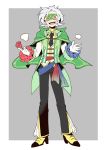  1boy :d black_necktie blush cape capelet domino_mask frills full_body gen_4_pokemon green_cape green_eyes grey_background looking_at_viewer male_focus mask necktie open_mouth personification pokemon roserade sash simple_background smile yasubaru 