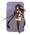  1girl belt black_boots black_gloves black_hair boots brown_eyes brown_legwear caravan_stories dargo earrings full_body gloves grey_background hair_ornament highres holding holding_sword holding_weapon jewelry long_hair looking_at_viewer parted_lips solo standing sword thigh-highs weapon 