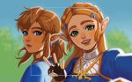  1boy 1girl bangs blonde_hair blue_eyes earrings face fingerless_gloves gloves green_eyes hair_ornament hairclip jewelry link long_hair looking_at_viewer mella parted_bangs pointy_ears ponytail princess_zelda self_shot smile taking_picture the_legend_of_zelda the_legend_of_zelda:_breath_of_the_wild thick_eyebrows v 