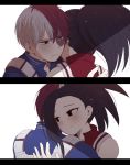  1boy 1girl black_hair blush boku_no_hero_academia heterochromia hug multicolored_hair redhead sad scar simple_background smile split_screen teaszlt todoroki_shouto two-tone_hair white_background white_hair yaoyorozu_momo 