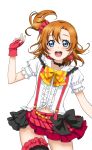  1girl artist_request bangs blue_eyes blush bokura_wa_ima_no_naka_de bow checkered choker earrings fingerless_gloves frills gloves hair_bow jewelry jumping kousaka_honoka looking_at_viewer love_live! love_live!_school_idol_festival love_live!_school_idol_festival_after_school_activity love_live!_school_idol_project navel official_art one_side_up open_mouth orange_hair parted_bangs plaid smile solo suspenders teeth 