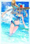  1girl bangs bikini blue_bikini blue_eyes blush breasts collarbone day dutch_angle fate/grand_order fate_(series) frilled_bikini frills front-tie_bikini front-tie_top grey_hair hair_between_eyes half-closed_eyes hand_on_headwear hat long_hair looking_at_viewer marie_antoinette_(fate/grand_order) marie_antoinette_(swimsuit_caster)_(fate) medium_breasts navel ocean open_mouth outdoors smile solo splashing sun_hat swimsuit tareme thighs twitter_username very_long_hair wading yat573 