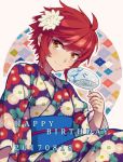  1girl 2017 dated fan fire_emblem fire_emblem_if floral_print flower hair_flower hair_ornament happy_birthday hinoka_(fire_emblem_if) hiyori_(rindou66) holding holding_fan japanese_clothes kimono long_sleeves looking_at_viewer obi outline paper_fan red_eyes redhead sash short_hair sitting smile solo uchiwa wide_sleeves yukata 