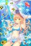  1girl :d air_bubble angelfish apple_bunny bangs bendy_straw bikini bikini_skirt blue_bikini blue_ribbon breasts bubble butterflyfish cherry cleavage clownfish commentary_request cowboy_shot drinking_straw eyebrows_visible_through_hair flower food frilled_bikini frills fruit halter_top halterneck hat hat_removed hat_ribbon headwear_removed hibiscus highres holding holding_hat hurricane_glass kiwi_slice kiwifruit light_brown_hair long_hair looking_at_viewer medium_breasts messy_hair mintchoco_(orange_shabette) open_mouth original parfait ribbon smile solo sparkle strawberry striped striped_bikini sun_hat sunlight surgeonfish swimsuit underwater very_long_hair water yellow_eyes 
