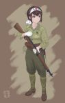  1girl bayonet blue_eyes brown_hair commentary_request full_body gloves gun headband highres holding holding_gun holding_weapon imperial_japanese_army military original pouch rifle short_hair sino_(mechanized_gallery) solo translated type_99_short_rifle weapon 