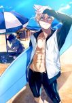  2boys ahoge artoria_pendragon_(all) beach blonde_hair day fate/grand_order fate/prototype fate_(series) green_eyes long_hair male_focus merlin_(fate/stay_night) multiple_boys saber_(fate/prototype) short_hair smile sunglasses swimsuit white_hair 