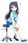  1girl :o ? bare_legs black_hair blue_eyes blue_shoes blue_skirt blue_vest blush breasts commentary_request eyebrows_visible_through_hair full_body hair_ornament hand_on_leg hand_on_own_knee hatsunatsu high_heels krt_girls long_hair long_sleeves looking_at_viewer looking_to_the_side medium_breasts one_side_up parted_lips pencil_skirt pumps shirt shoes simple_background sitting skirt solo stool uniform vest white_background white_shirt xiao_qiong 