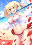  1girl ahoge beach bikini blonde_hair blurry blurry_background blush breasts cleavage commentary_request day dutch_angle earrings fate/grand_order fate_(series) green_eyes hair_intakes halterneck highres jewelry large_breasts long_hair looking_at_viewer navel nero_claudius_(swimsuit_caster)_(fate) ocean outdoors oyaji-sou petals saber_extra sand shiny shiny_hair smile solo striped striped_bikini swimsuit teeth twintails water 