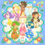  6+girls acerola_(pokemon) bellossom bird blonde_hair blue_hair bounsweet brown_hair closed_eyes closed_mouth comfey cosmog diglett dress dress_lift earrings facepaint feather_earrings floral_background floral_print flower green_hair hair_flower hair_ornament hapu&#039;u_(pokemon) head_wreath hibiscus hibiscus_print highres hula jewelry kahili_(pokemon) lei lillie_(pokemon) lychee_(pokemon) mallow_(pokemon) matsurika_(pokemon) mimikyu minior minior_(shields_down) mitsuboshi multicolored_hair multiple_girls necklace oddish open_mouth pokemon pokemon_(creature) pokemon_(game) pokemon_sm pyukumuku sandals suiren_(pokemon) toucan toucannon wishiwashi 