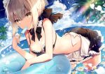  1girl artoria_pendragon_(all) artoria_pendragon_(swimsuit_rider_alter)_(fate) bikini black_bikini blonde_hair blue_sky breasts cleavage clouds day fate/grand_order fate_(series) flower food looking_at_viewer maid_bikini maid_headdress medium_breasts necomi_(gussan) ocean palm_tree partially_submerged petals popsicle saber_alter short_hair sidelocks signature sky solo swimsuit tree yellow_eyes 