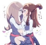  2girls brown_hair hair_over_one_eye kagari_atsuko komoreg little_witch_academia long_hair multiple_girls open_mouth pale_skin pink_hair purple_hair red_eyes short_hair simple_background smile sucy_manbavaran yuri 