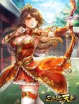  1girl architecture arrow blue_sky bow_(weapon) box_(hotpppink) bracer breasts brown_eyes brown_hair cleavage day east_asian_architecture frilled_skirt frills hair_ornament highres long_hair looking_to_the_side medium_breasts official_art orange_skirt outdoors skirt sky standing tree weapon white_legwear 