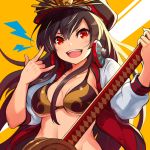  1girl black_hair black_hat blush breasts cleavage collarbone demon_archer eyebrows_visible_through_hair fate/grand_order fate_(series) hat headphones headphones_around_neck holding holding_instrument instrument instrument_request large_breasts long_hair long_sleeves looking_at_viewer open_mouth red_eyes smile solo teeth tgh326 upper_body 