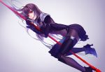  1girl all_fours breasts brown_hair cleavage grey_background high_heels long_hair looking_at_viewer medium_breasts polearm red_eyes sasamura_(_pios) scathach_(fate/grand_order) solo spaulders spear very_long_hair weapon 