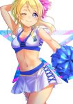  1girl 403_(artist) ;) ayase_eli blonde_hair blue_eyes breasts cheerleader cleavage collarbone cowboy_shot crop_top eyebrows_visible_through_hair floating_hair highres long_hair love_live! love_live!_school_idol_project medium_breasts midriff miniskirt navel one_eye_closed pleated_skirt pom_poms signature simple_background skirt smile solo standing stomach white_background white_skirt 