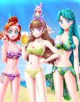  3girls amanogawa_kirara animal animal_on_head aroma_(go!_princess_precure) artist_name bikini bird bird_on_head blue_eyes blue_hair brown_hair dated go!_princess_precure hand_on_hip haruno_haruka highres kaidou_minami kodomo_beer long_hair multiple_girls on_head precure sasaji short_hair smile standing swimsuit violet_eyes 