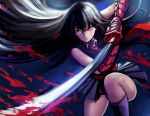  1girl akame akame_ga_kill! black_hair black_legwear black_shirt black_skirt blood floating_hair hair_between_eyes holding holding_sword holding_weapon katana long_hair miniskirt necktie one_knee pleated_skirt qosic red_eyes red_necktie shirt skirt sleeveless sleeveless_shirt solo sword very_long_hair weapon 