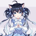  1girl ahoge animal_ears black_hair blue_bow blue_dress blue_eyes blue_ribbon blush bow cat_ears colored_eyelashes dress eyebrows_visible_through_hair frilled_dress frills grey_background hair_between_eyes hair_bow hair_ribbon head_tilt long_hair long_sleeves looking_at_viewer mechuragi open_mouth original puffy_long_sleeves puffy_sleeves ribbon shirt sleeveless sleeveless_dress solo spread_fingers tareme twintails two-tone_background undershirt upper_body very_long_hair white_bow white_shirt 