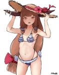  1girl bangs bare_arms bare_legs bikini blue_bikini blunt_bangs bow brown_hair commentary_request fang flower frilled_bikini frills hair_bow hat hat_flower hat_ribbon highleg highleg_bikini horns ibuki_suika kanrobi long_hair looking_at_viewer low-tied_long_hair navel orange_eyes red_bow red_flower red_ribbon ribbon simple_background smile solo standing stomach straw_hat swimsuit touhou twitter_username very_long_hair white_background 