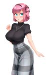  1girl :o black_ribbon blue_eyes breasts hair_ribbon hairband jewelry large_breasts long_skirt looking_at_viewer mochizuki_momiji necklace new_game! parted_lips pink_hair plaid plaid_skirt ribbon short_hair simple_background skirt solo twrlare white_background 