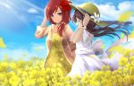  2girls alternate_hairstyle black_hair blue_sky blush closed_eyes dress field flower flower_field hair_flower hair_ornament hat highres jacket jewelry long_hair looking_at_another love_live! love_live!_school_idol_project low_ponytail multiple_girls necklace nishikino_maki open_mouth orein redhead sky smile sundress twintails violet_eyes white_dress yazawa_nico yellow_dress 