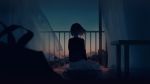  1girl backlighting blurry cityscape clouds commentary_request curtains depth_of_field from_behind highres looking_afar original rella short_hair solo star_(sky) wind 