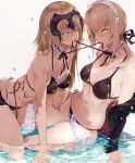  2girls ;) all_fours apron arm_support artoria_pendragon_(all) bare_shoulders bikini black_bikini breasts choker cleavage collarbone fate/grand_order fate_(series) folded_leg hair_between_eyes hair_over_shoulder hair_ribbon halterneck headpiece highres jeanne_alter kneeling leaning_forward light_brown_hair long_hair low_ponytail maid_headdress medium_breasts mouth_hold multiple_girls navel off_shoulder one_eye_closed panties ribbon ribbon_in_mouth ruler_(fate/apocrypha) saber_alter side-tie_bikini simple_background sitting sleeves_past_wrists smile swimsuit tokopi underwear waist_apron water_drop wet yellow_panties 