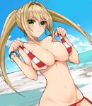  1girl :o ahoge bangs bare_arms bare_shoulders beach bikini bikini_lift blonde_hair blue_sky blush bracelet breasts cleavage clouds cloudy_sky collarbone commentary_request cowboy_shot criss-cross_halter day earrings erect_nipples eyebrows_visible_through_hair eyelashes fate/extra fate/grand_order fate_(series) green_eyes groin hair_between_eyes hair_intakes halter_top halterneck hands_up holding holding_strap jewelry kokku_taicho large_breasts legs_together lifted_by_self long_hair looking_at_viewer makeup mascara medium_breasts midriff navel nero_claudius_(swimsuit_caster)_(fate) ocean open_mouth outdoors saber_extra side-tie_bikini sidelocks skindentation sky solo standing stomach strap_lift striped striped_bikini swimsuit teeth twintails under_boob upper_body water 