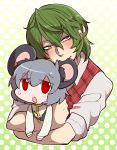  2girls animal_ears biting blush collared_shirt gradient gradient_background green_hair grey_hair hug jewelry kazami_yuuka long_sleeves mouse_ears multiple_girls nazrin necklace plaid plaid_vest polka_dot polka_dot_background red_eyes shirt sleeves_rolled_up sweatdrop syowahoka touhou vest 