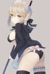  1girl artoria_pendragon_(all) ass bangs bikini black_bikini black_legwear black_ribbon blonde_hair blush braid breasts closed_mouth eyebrows_visible_through_hair fate/grand_order fate_(series) french_braid from_side grey_background hair_ribbon hood hoodie large_breasts leg_garter looking_at_viewer looking_back maid maid_bikini maid_headdress open_clothes open_hoodie platinum_blonde ribbon saber_alter sideboob sidelocks simple_background solo swimsuit thigh-highs thighs tsurime under_boob yellow_eyes yuzu-aki 