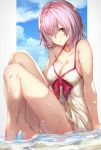  1girl bare_shoulders barefoot breasts cleavage clouds collarbone day dress eyebrows_visible_through_hair fate/grand_order fate_(series) hair_over_one_eye looking_at_viewer medium_breasts panties panty_peek purple_hair shielder_(fate/grand_order) short_hair sitting sky sleeveless sleeveless_dress sola_(solo0730) solo underwear violet_eyes water wet wet_clothes white_dress 
