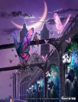  1girl black_hair blue_hair building butterfly clouds copyright_name force_of_will lamp long_hair moon multicolored_hair night night_sky official_art sandals sitting sky solo thigh-highs 