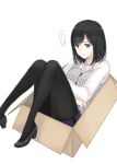  1girl black_eyes black_hair black_legwear black_shoes black_skirt box crossed_arms in_box in_container izumitanu lying on_back original pantyhose shoes skirt solo speech_bubble 