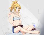  bare_shoulders barefoot belt blonde_hair bottle breasts erect_nipples fate/apocrypha fate_(series) feet food fork green_eyes looking_at_viewer midriff saber_of_red sausage shino_(comic_penguin_club) shorts sitting toes 