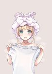  1girl bangs blonde_hair blush collarbone commentary embarrassed eyebrows_visible_through_hair green_eyes grey_background holding holding_shirt open_mouth original rimo shirt short_sleeves simple_background solo t-shirt towel towel_on_head upper_body white_shirt 