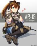  1girl ;) ahoge ar-15 assault_rifle black_legwear brown_hair cutoffs denim denim_shorts ear_protection full_body gloves green_eyes gun hair_ornament hairclip heart heart_hands highres long_hair looking_at_viewer ndtwofives one_eye_closed operator original pantyhose partly_fingerless_gloves ponytail rifle shoes shorts sitting sleeves_rolled_up sling smile sneakers solo stanag_magazine wariza weapon 