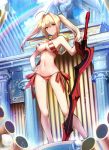  1girl ahoge bikini blonde_hair bracelet breasts clouds contrapposto earrings fate/apocrypha fate_(series) from_below gluteal_fold green_eyes groin hair_intakes hand_on_hip highres jewelry long_hair looking_at_viewer looking_down navel nero_claudius_(swimsuit_caster)_(fate) pillar rainbow shiguru side-tie_bikini skindentation sku solo standing statue swimsuit sword twintails under_boob weapon 