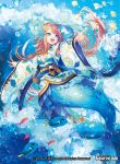  1girl blue_eyes breasts bubble butterfly_hair_ornament cleavage copyright_name fish force_of_will hair_ornament hairband horns japanese_clothes kimono long_hair mermaid monster_girl natsuiro_xx official_art open_mouth orange_hair solo star star_hair_ornament teeth underwater 