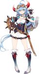  1girl ahoge blue_eyes blue_hair boots full_body fuyuno_yuuki goggles goggles_on_head horn_ornament long_hair official_art oshiro_project oshiro_project_re short_sleeves skirt smile sword transparent_background uwajima_(oshiro_project) very_long_hair weapon white_skirt 